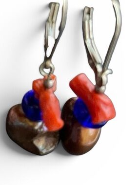 Brown Pearl, Blue Bead & Red Coral Silver Drop Earrings